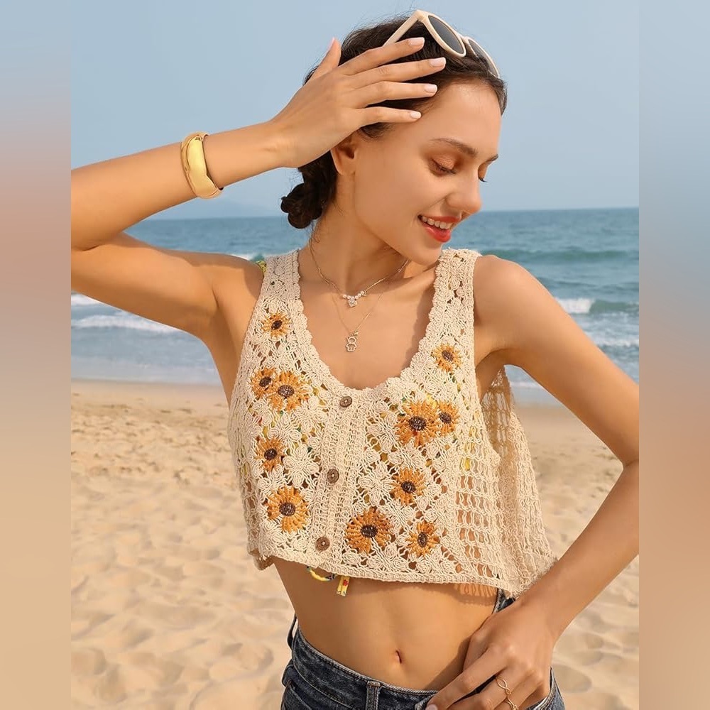 Sunflower Crochet Knit Vest Retro Boho Festival Crop Top Size Small - Picture 2 of 12